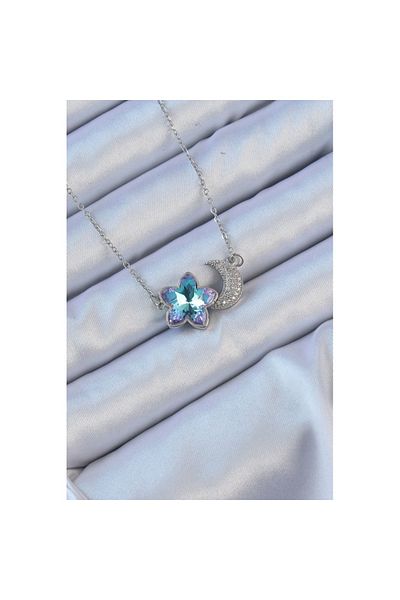 Skygo 316L Steel Chain Silver Color Moon Design Colorful Zircon Stone Flower Necklace - Tj-Bko9136