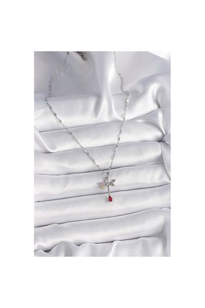 Skygo Silver Color 316L Steel Chain Handle Colorful Zircon Stone Dragonfly Model Women's Necklace