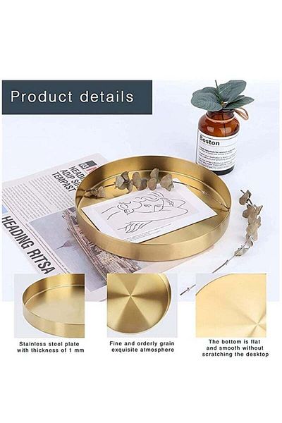 COOYA Round Golden Tray, 4.9inch Metal Storage Organizer Vanity Tray Plate for Jewelry Cosmetics Coffee