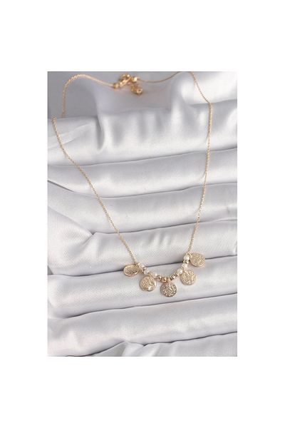 Skygo Brass Gold Color 5-Piece Ottoman Tuğra Figure Pearl Detail Women's Necklace - Tj-Bko9825