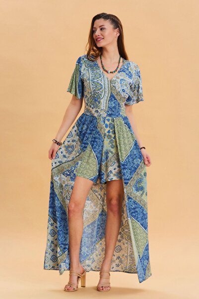 Los banditos Salopetă boemă de damă cu gât cu șarmuire și elastic pentru pantaloni