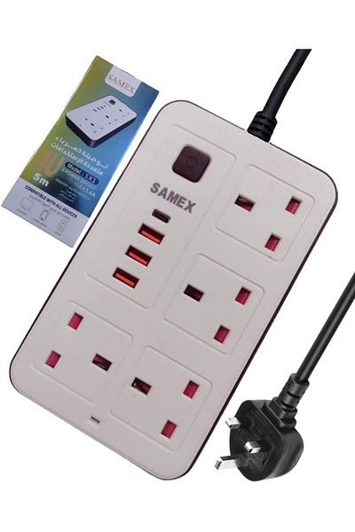 SamEx شريط طاقة 2500 وات بأربعة منافذ مع 4 منافذ USB وسلك بطول 5 أمتار وحماية من الحمل الزائد لمزيد من الأمان