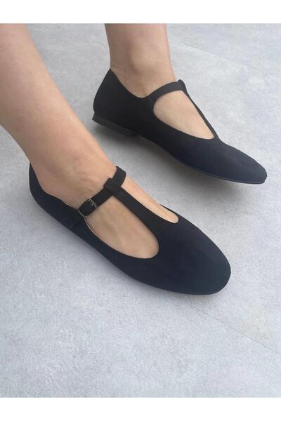 Elvinin Tarzı Lose Black Suede Buckle Detailed Women's Ballerinas