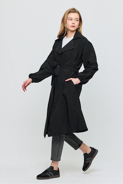 Rays Belted Elastic Sleeve Trench Coat - Black 4579A