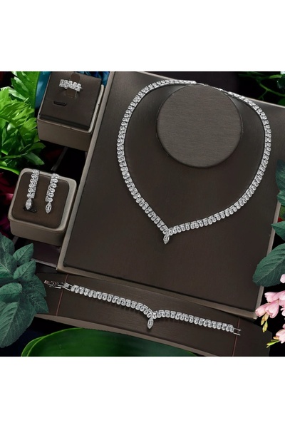 VİYA Nicole Zirkon Taşlı Takı Seti Kolye Küpe Yüzük Bileklik Set