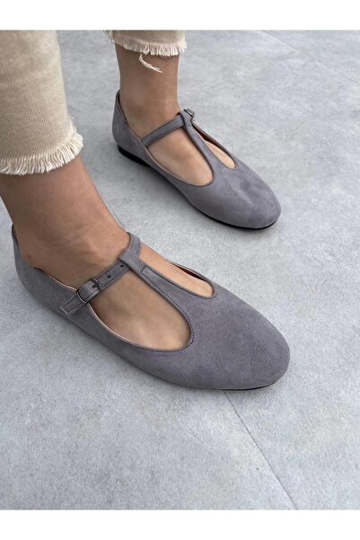 Elvinin Tarzı Lose Gray Suede Buckle Detailed Women's Ballerinas
