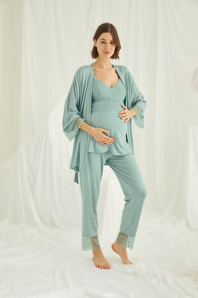 LOHOUSE Monamise Light Green Strappy Maternity Maternity Dress 3-Piece Pajama Set
