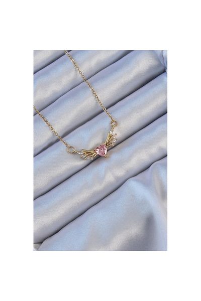 Skygo Gold Colored 316L Steel Chain and Pink Zircon Stone Heart Necklace - Tj-Bko9121