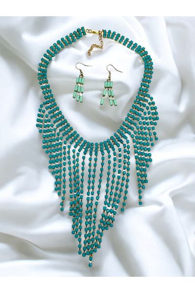 PETEK AKSESUAR Franjed Dangle Necklace Earring Set