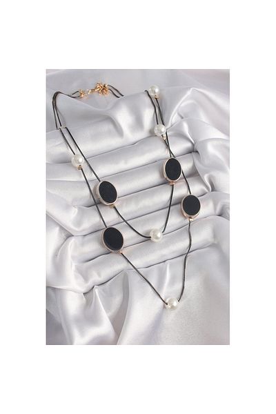 Skygo Brass Black Color Chain Multiple Women's Necklace with Pearl Detail - Tj-Bko9621
