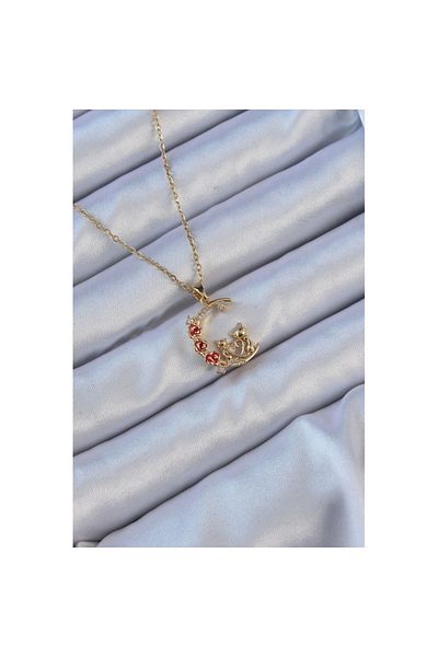 Skygo 316L Steel Chain Gold Color Red Rose Detail Cat Figure Zircon Stone Moon Necklace - Tj-Bko9129