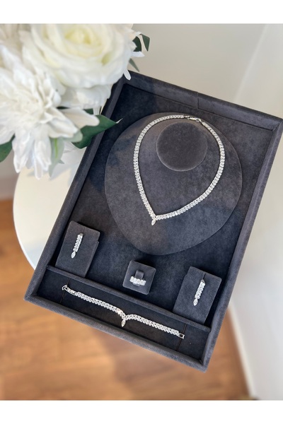 VİYA Nicole Zirkon Taşlı Takı Seti Kolye Küpe Yüzük Bileklik Set