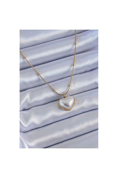 Skygo 316l Steel Gold Color Pearl Heart Model Minimal Ball Detail Women's Necklace - Tj-bko7615