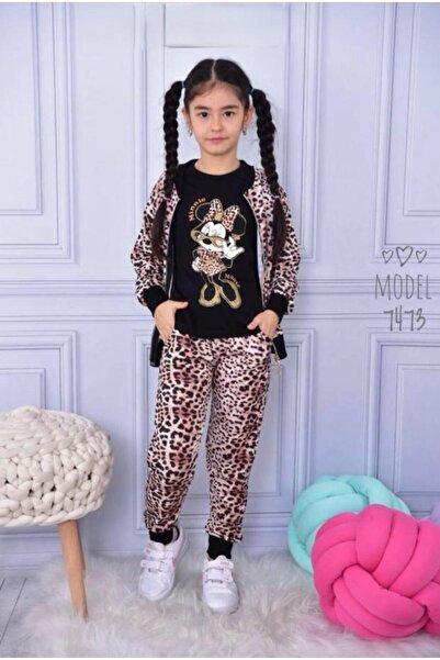 şıklık durağı Leopard Patterned Minnie Mouse Printed Long Sleeve 3-Piece Girl...