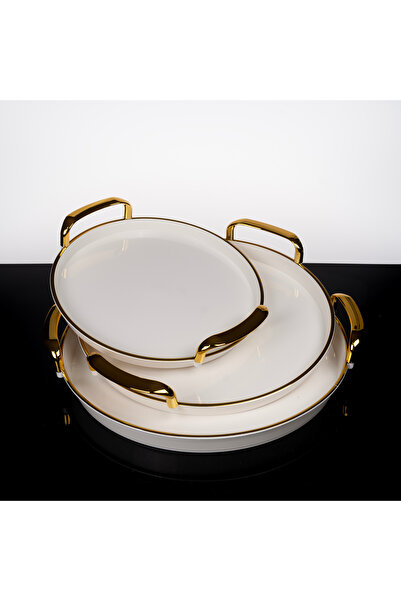 ZETT 3'lü Akrilik Tepsi Fenomen Model Altın Renk Kulplu YUVARLAK BEYAZ