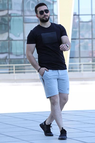 MİSHAR İTALİA Ανδρικό σορτς σε γκρι διχτυωτό μπροστινό μέρος με στάμπα