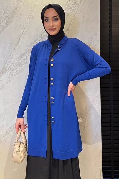 julude Sax Blue Women's Gold Button Detailed Hijab Knitwear Cardigan