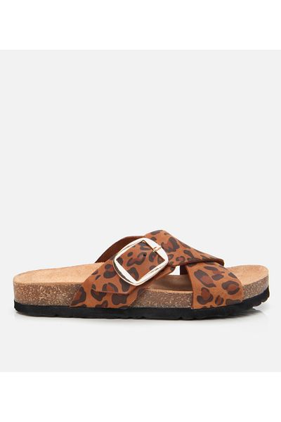 Hotiç Papuci de damă din piele maro cu curea cu model leopard