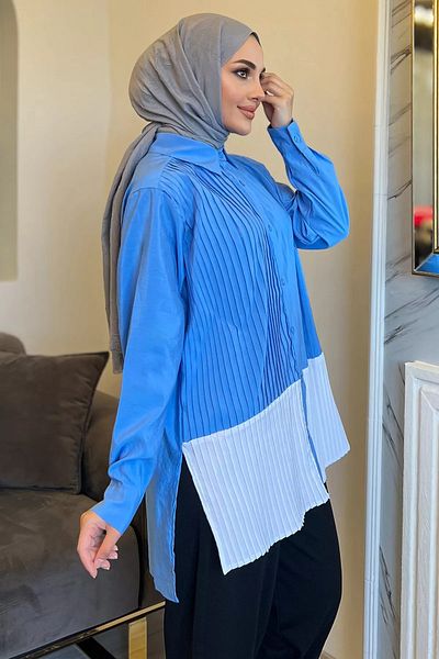 julude Tunica camasa Hijab plisata cu fanta laterala cu garnitura de culoare albastra