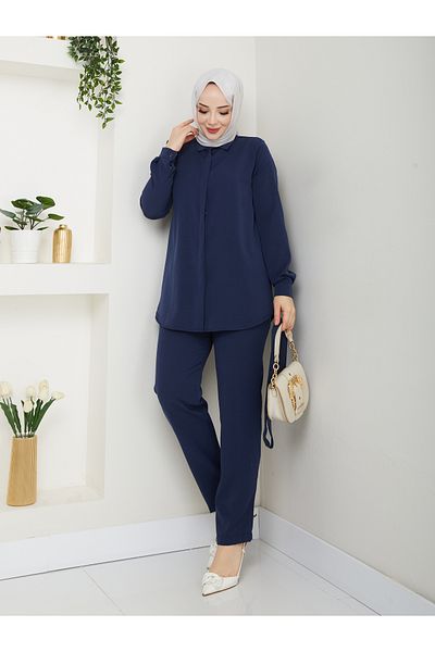 MODAMERSİ Women's Navy Blue Belted Buttoned Shirt Pants Hijab Two Piece Set