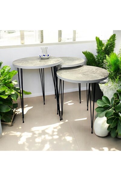 ADIM EBATLAMA Zigon Sehpa 3'lü Yuvarlak Model Metal Tel Ayak (BEYAZ FÜME)