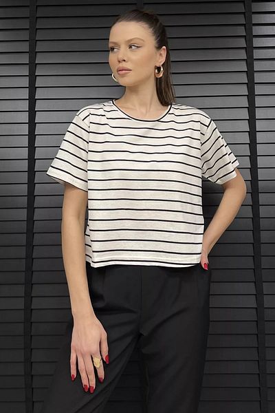 GÜLSELİ Tricou de damă cu dungi crem cu decolteu