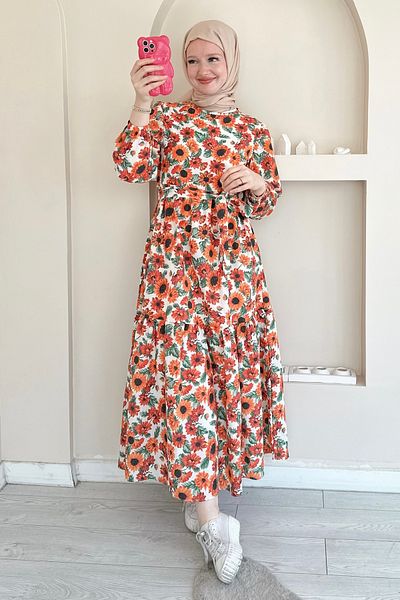 ButikMoor Mo343 Large Daisy Patterned Orange Dress