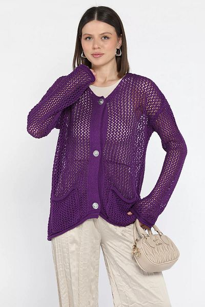 GÜLSELİ Purple Button Detailed Openwork Women's Knitwear Cardigan