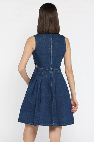 GÜLSELİ Navy Blue Pleated Jean Denim Dress