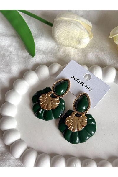 Home Women Earrings Gold Detailed Green Khaki Color