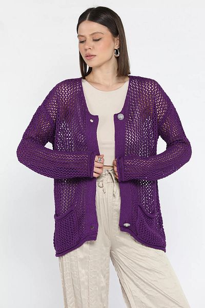GÜLSELİ Purple Button Detailed Openwork Women's Knitwear Cardigan