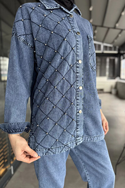 julude Blue Women's Single Pocket Stone Detailed Jean Denim Jacket Trousers Hijab Two Piece Set