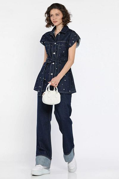 GÜLSELİ Dark Navy Blue Staple Detailed Belted Vest Double Leg Trousers Women's Jean Jeans Double Set