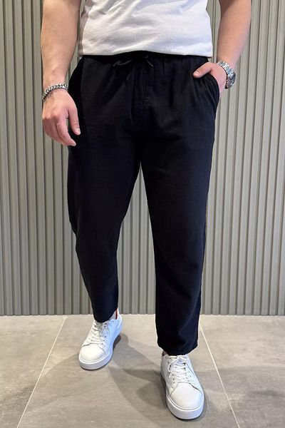 MİSHAR İTALİA Μαύρο ανδρικό λινό παντελόνι Jogger με κορδόνια