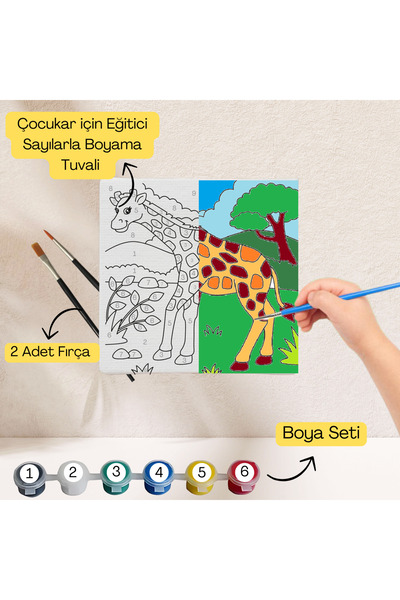 hediye hobim Çocuklar İçin Eğitici Sayılarla Boyama Seti Zürafa–20x20 Tuval,Boya&Fırça,Sanat ve Zeka,Şovalesiz