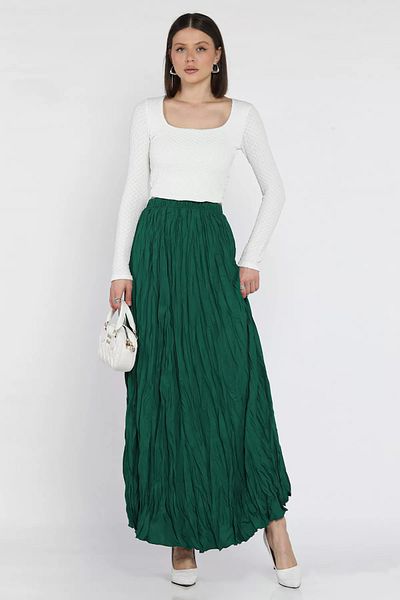GÜLSELİ Fusta de damă verde smarald cu talie elastică din voile șifonat