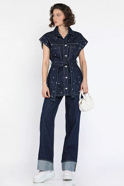 GÜLSELİ Dark Navy Blue Staple Detailed Belted Vest Double Leg Trousers Women's Jean Jeans Double Set