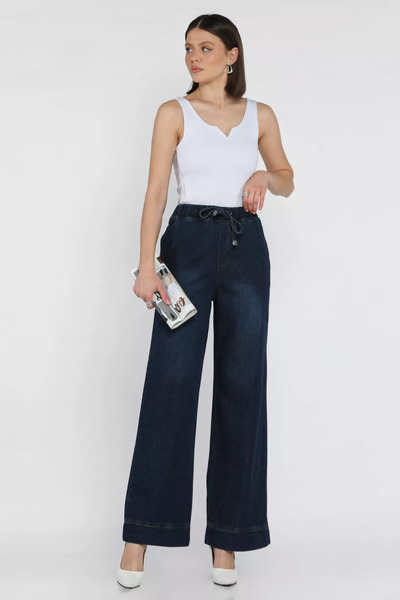 GÜLSELİ Navy Blue Elastic Waist Wide Leg Jean Jeans