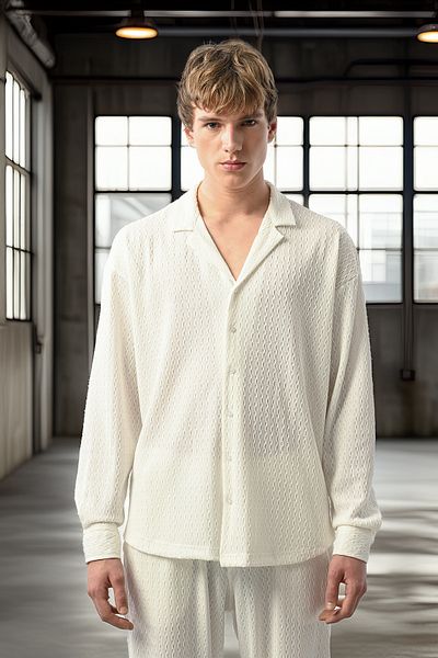 Valiberta Apaş Collar Long Sleeve Shadow Textured Shirt - Ecru
