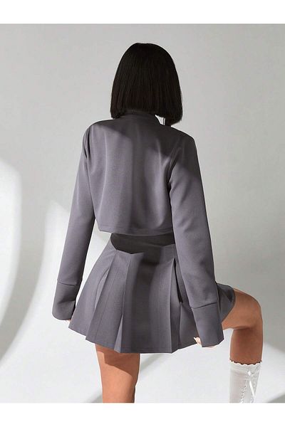 Purpleclo Gray Pocket Detail Crop Jacket Mini Skirt Set