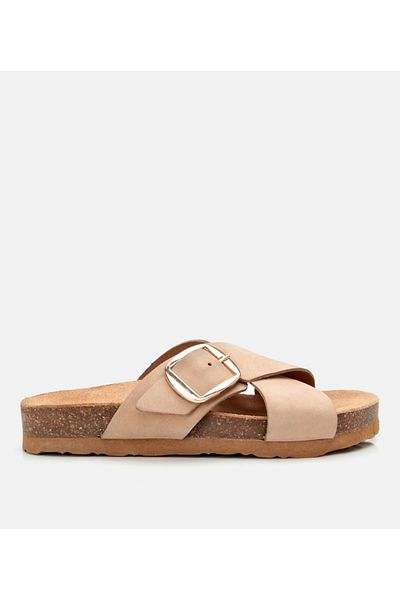 Hotiç Papuci de damă din piele nubuck bej cu curea