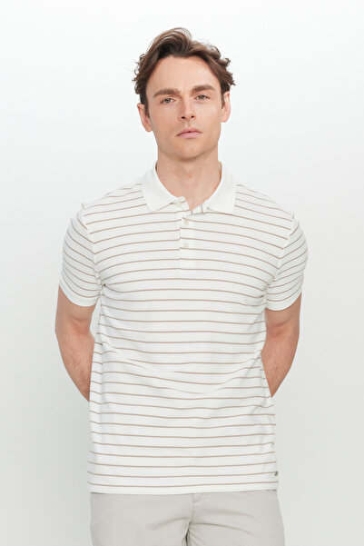 ALTINYILDIZ CLASSICS Men's White-Mink Cotton Slim Fit Slim Fit Polo Neck T-Shirt