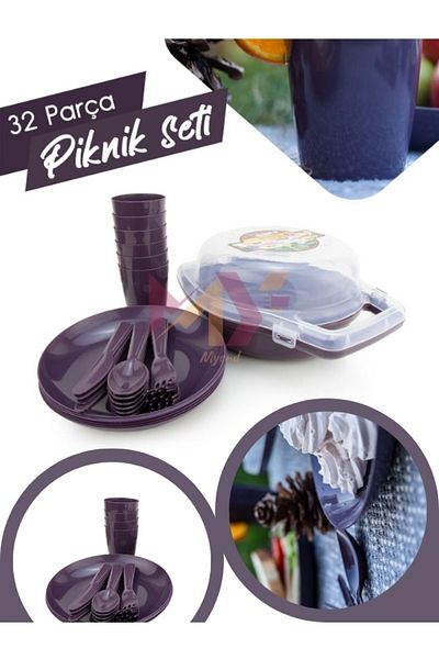 Myend 32 Piece Picnic Set, 32 Plastic Picnic with Locking Carry Case, Journey Plate Cutlery Cup Set