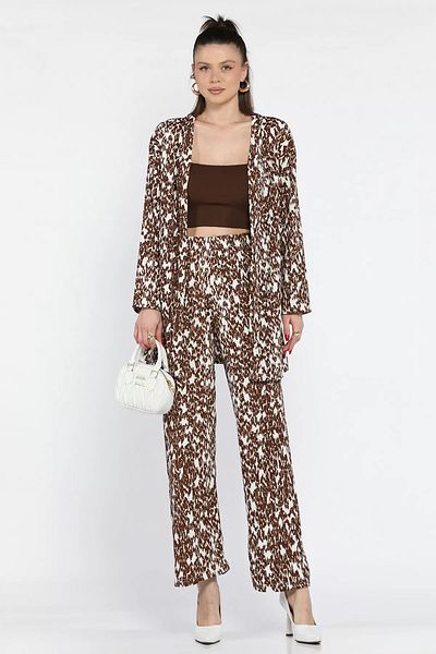 GÜLSELİ Brown Women's Patterned Kimono Pants Double Set