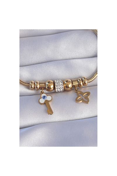 Skygo 316L Steel Gold Color Zircon Stone Clover Detail Evil Eye Key Designed Bracelet - Tj-Bb6203
