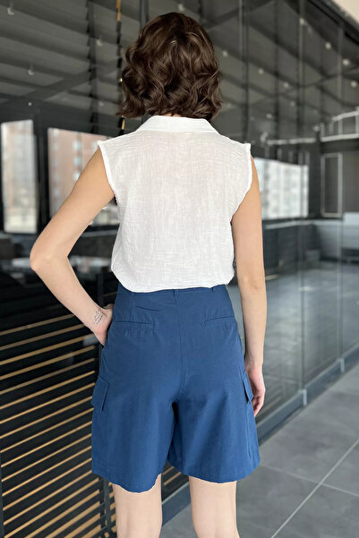 GÜLSELİ Indigo Women's High Waist Cargo Pocket Shorts