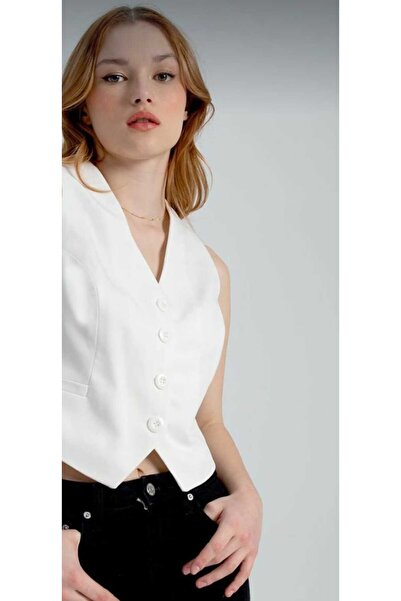 MODA Γιλέκο σε ανοιχτό λευκό χρώμα με κουμπιά, σε στενή γραμμή και ανδρικό στυλ
