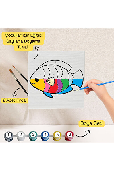hediye hobim Çocuklar İçin Eğitici Sayılarla Boyama Seti Balık–20x20 Tuval,Bo...