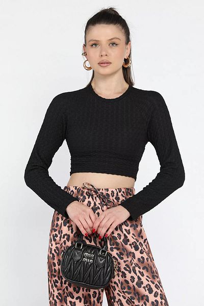 GÜLSELİ Γυναικεία Crop Top Μπλούζα με ανάγλυφο σχέδιο με μαύρη ελαστική μέση και δέσιμο