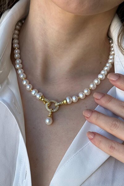 Birinci 925 Ayar Gümüş 7 mm Dorika Toplu Halka Kilitli Doğal İnci Kadın Kolye